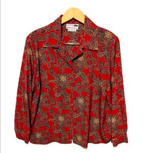 VTG Leslie Fay Haberdashery Shirt Size 12 Red Blue Yellow Paisley Shoulder Pads